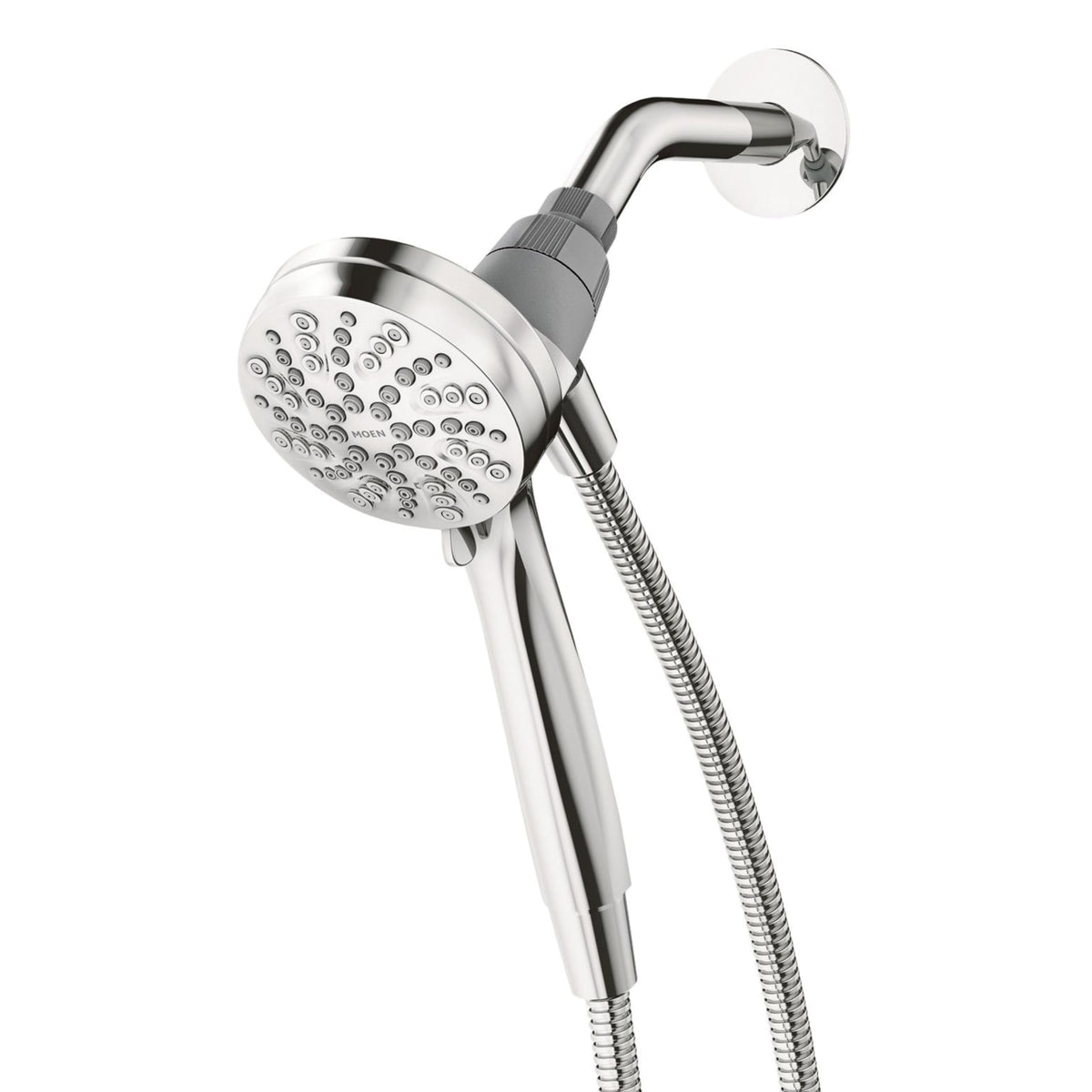 Moen Engage Magnetix base docking shows a magnetic snap for quick, secure handheld docking.