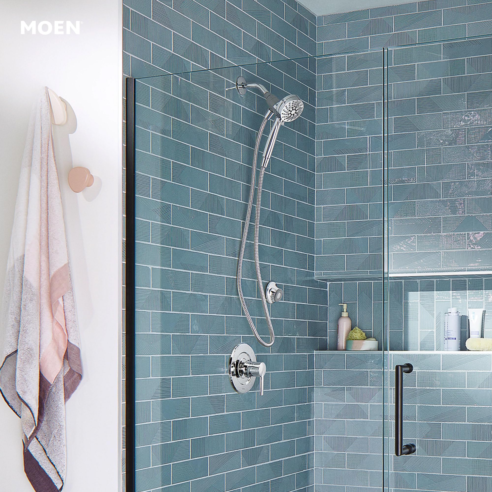 Moen Engage Magnetix dial settings shows six spray options for personalized showers.