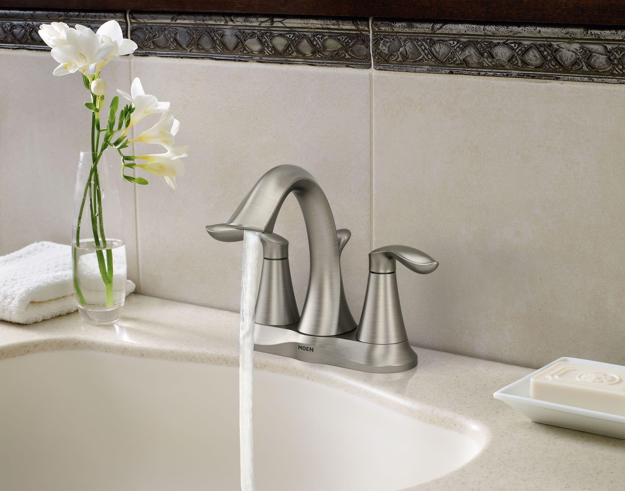Brushed nickel finish on Moen Eva resists flaking and corrosion