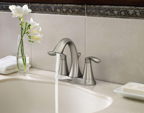Brushed nickel finish on Moen Eva resists flaking and corrosion