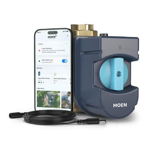 Moen Flo Smart Water Monitor displays water flow, pressure, and temperature readings.