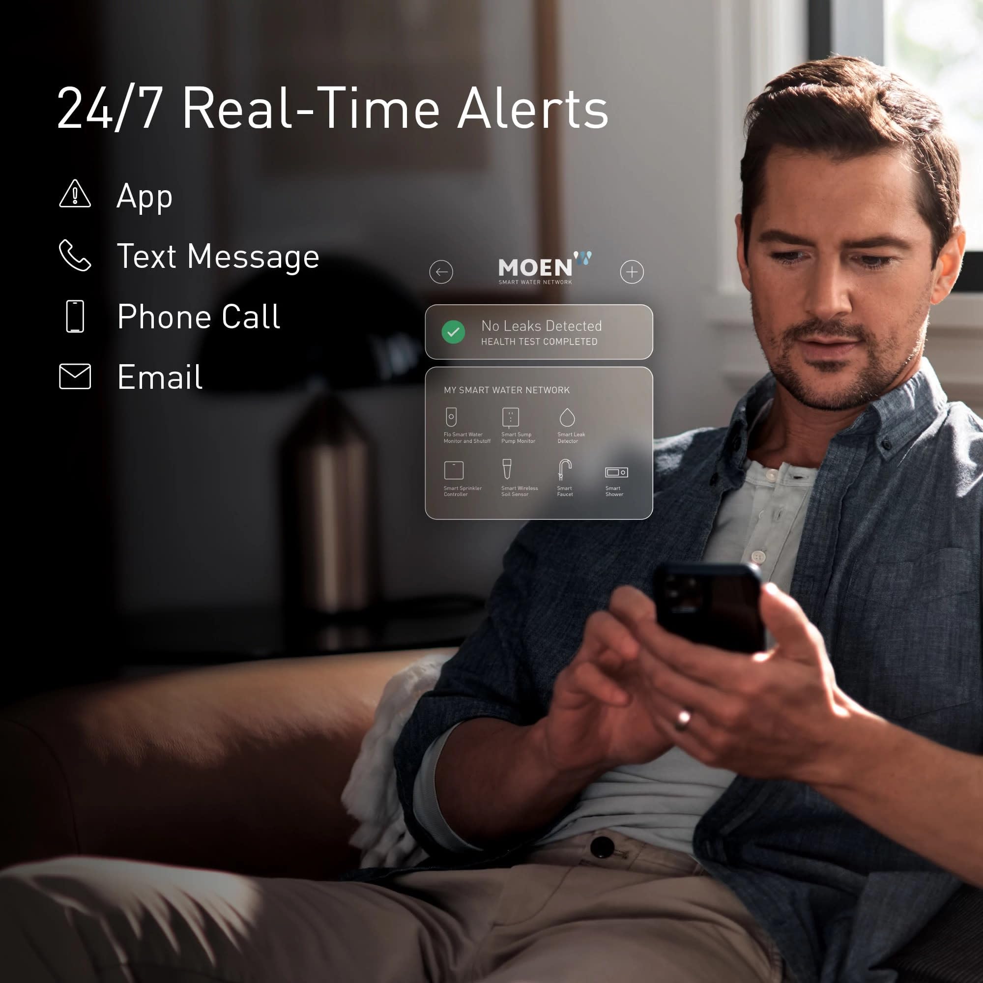Notifications from Moen Flo alert you to potential leaks via app or call
