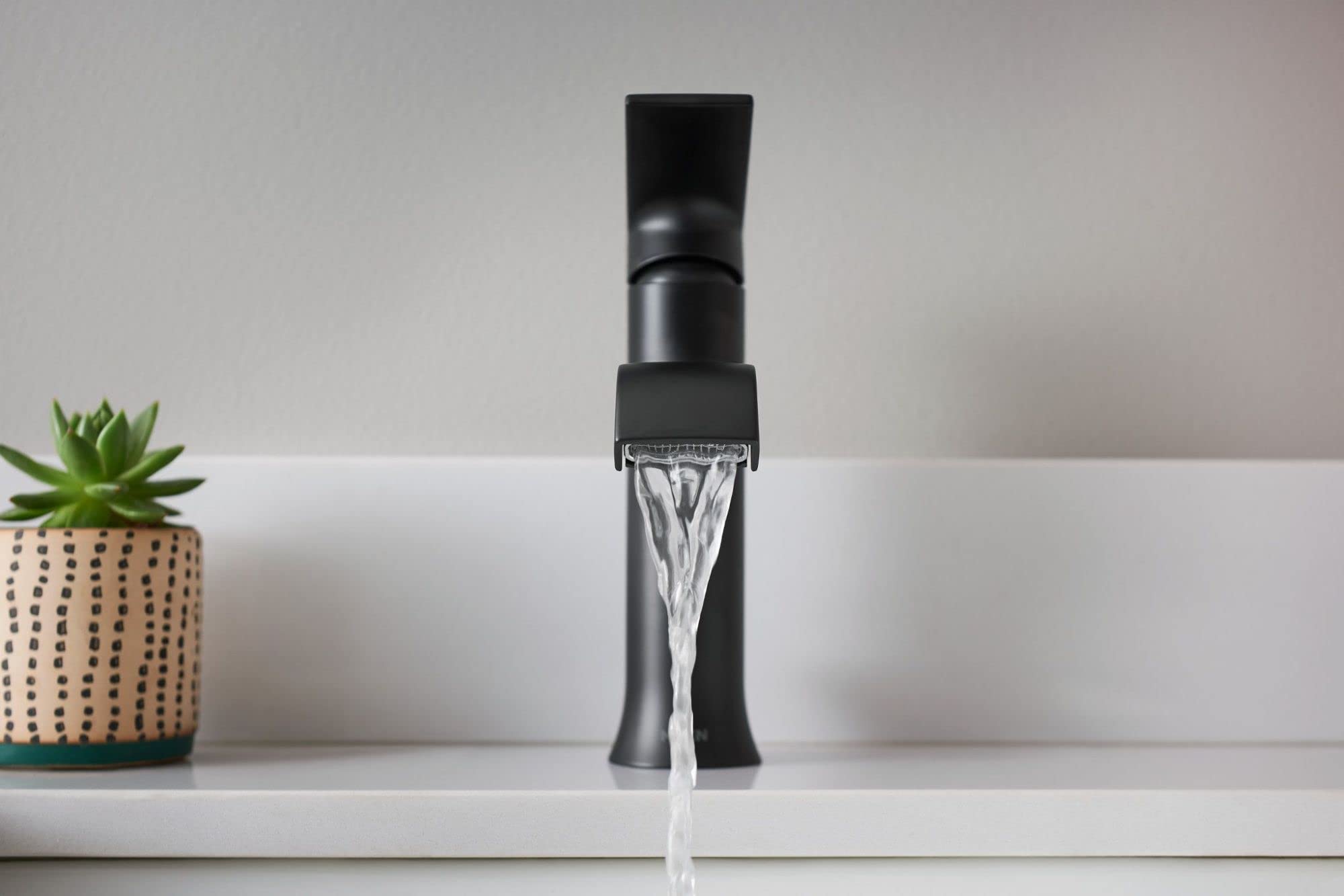 Moen Genta LX matte-black close-up highlights durable, tarnish-resistant finish.