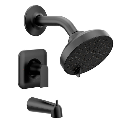 Moen Genta LX matte black showerhead with adjustable spray settings for a customizable shower.