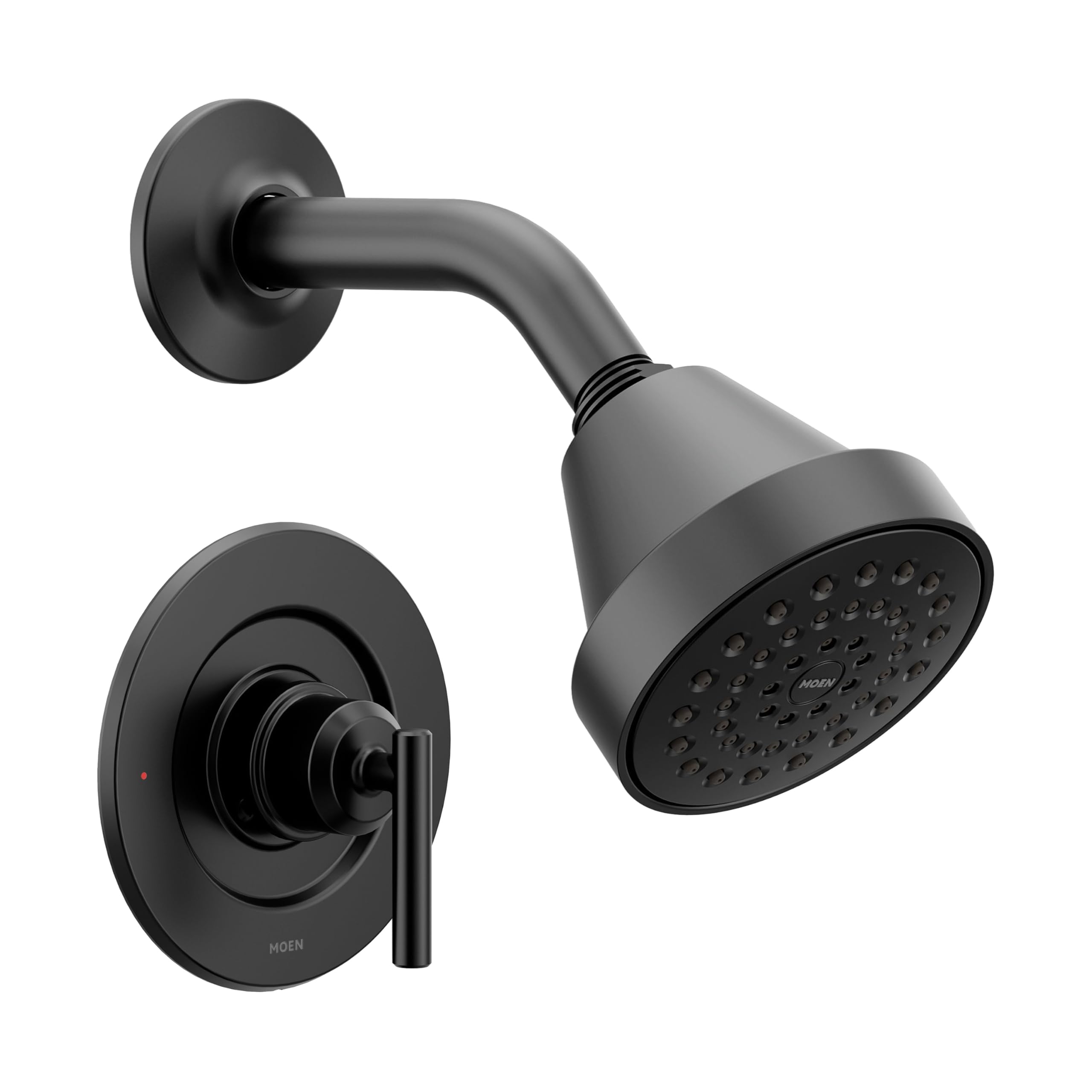 Moen Gibson Matte Black shower trim, angle view, enhances modern bathroom style.