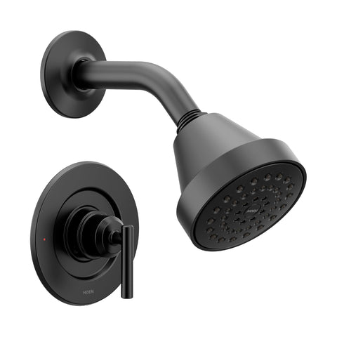 Moen Gibson Matte Black shower trim, angle view, enhances modern bathroom style.