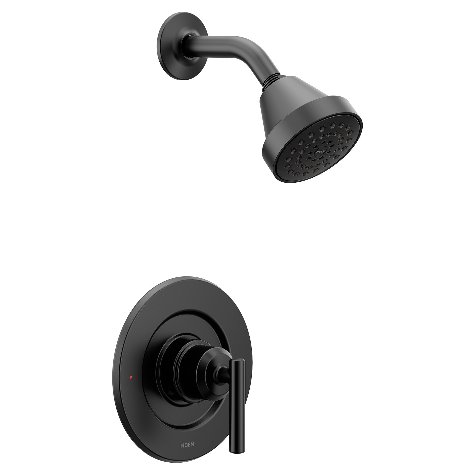Moen Gibson Matte Black shower trim lever handle closeup shows precise temperature control.