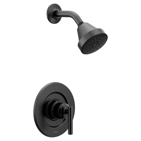 Moen Gibson Matte Black shower trim lever handle closeup shows precise temperature control.