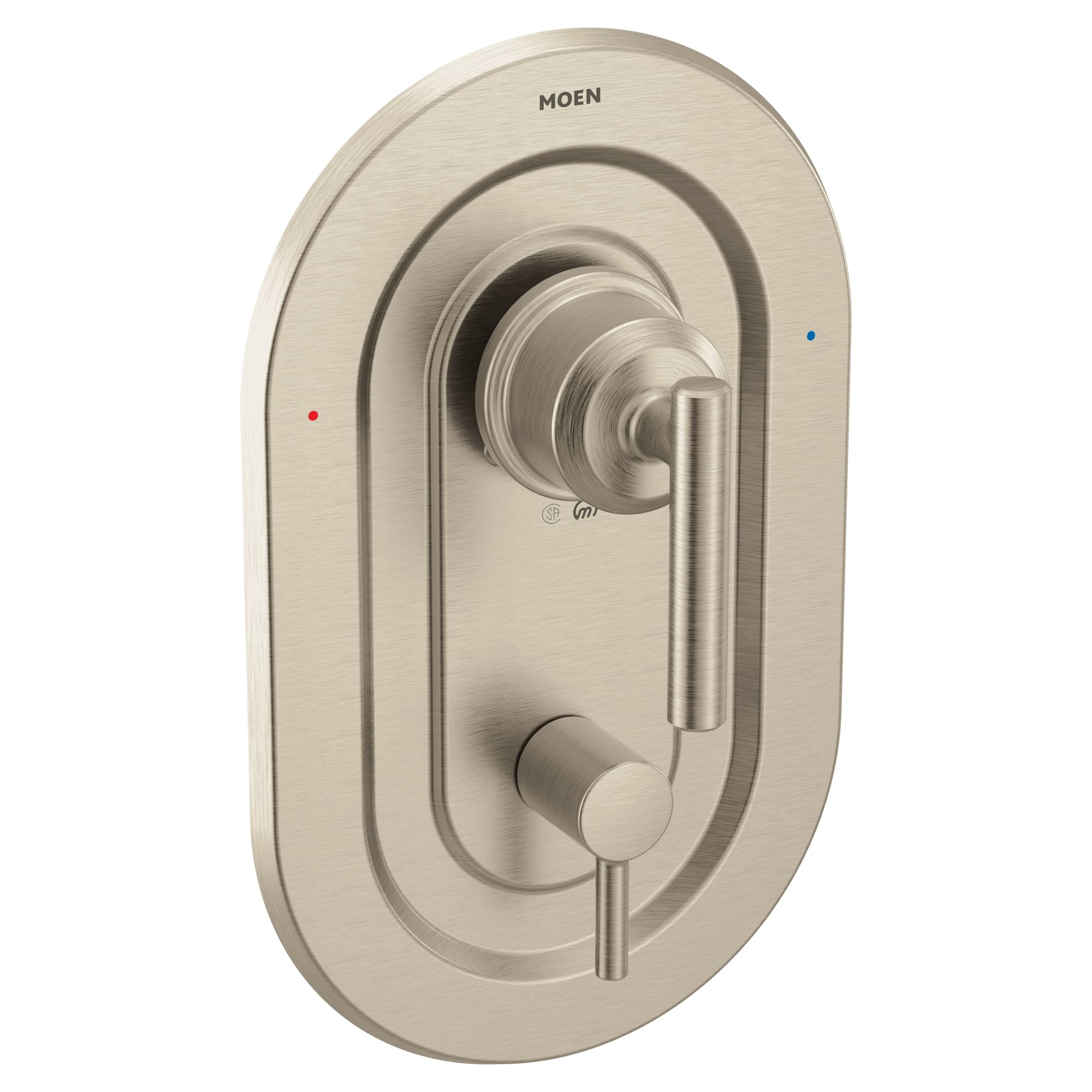 Moen Gibson Posi-Temp with brushed nickel finish delivers steady temperature during showers.