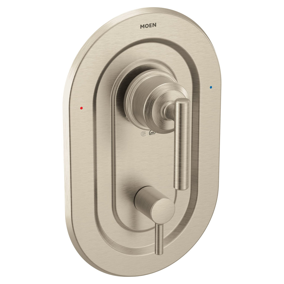 Moen Gibson Posi-Temp with brushed nickel finish delivers steady temperature during showers.
