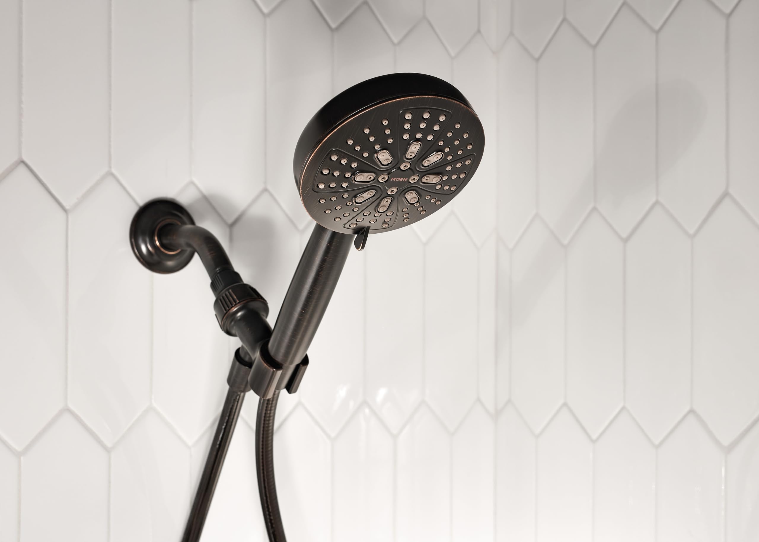 Moen Hydro Energetix 60-inch kink-free hose enables flexible reach.