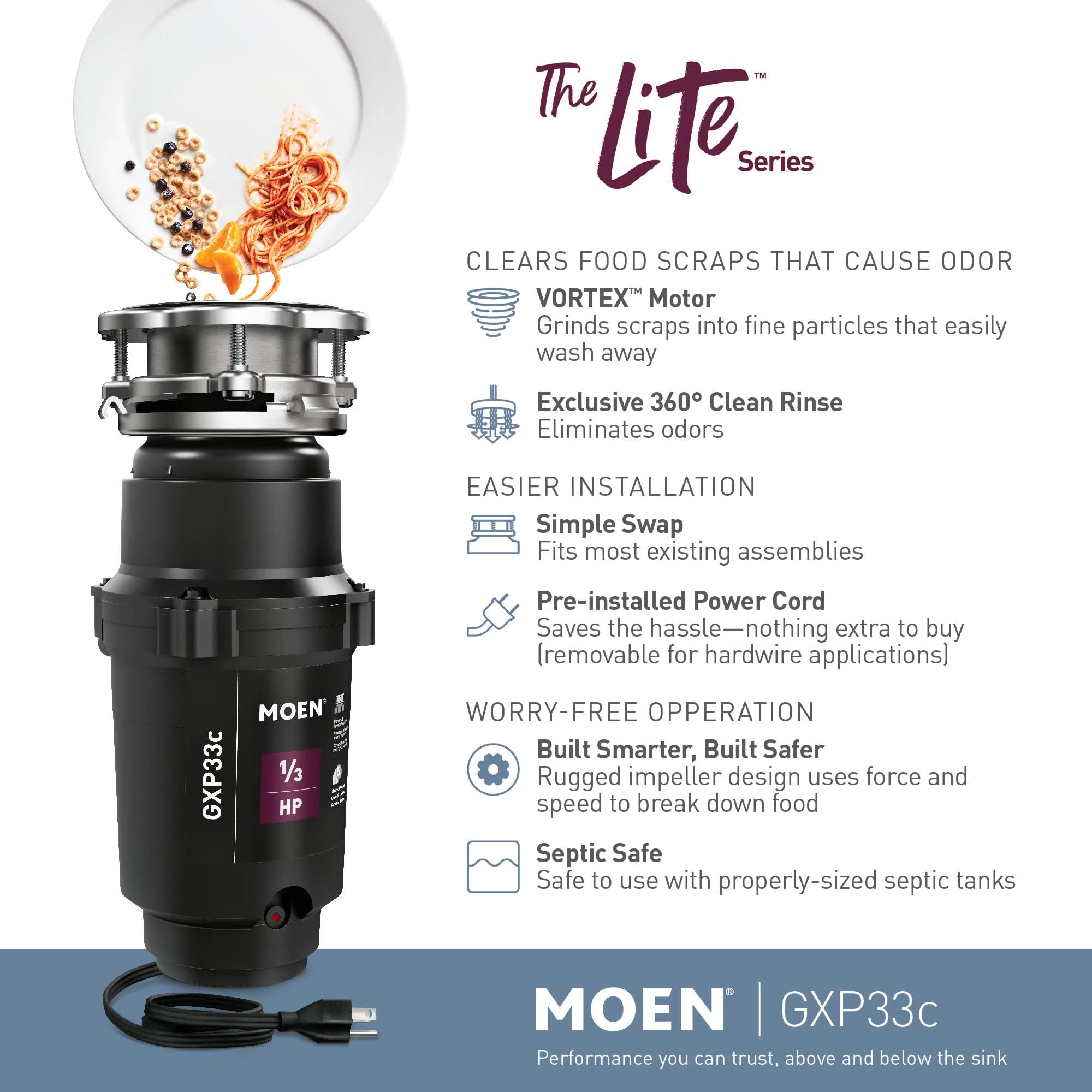 Moen Lite Series PRO with 1900rpm vortex motor for quick grinding.