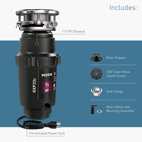 Moen Lite Series PRO continuous-feed operation enables ongoing waste disposal.