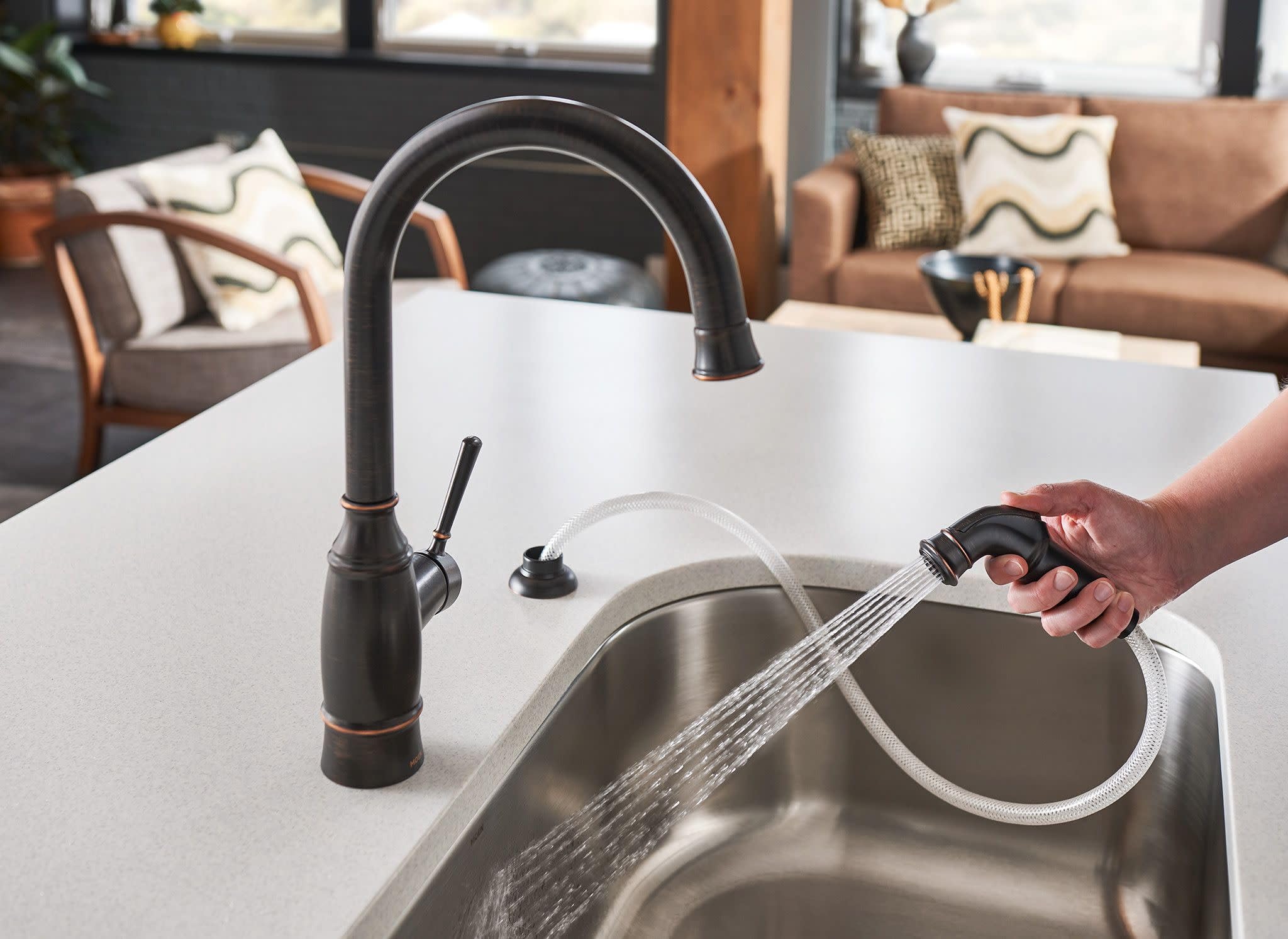 Moen Noell single-handle control provides precise temperature with one hand.