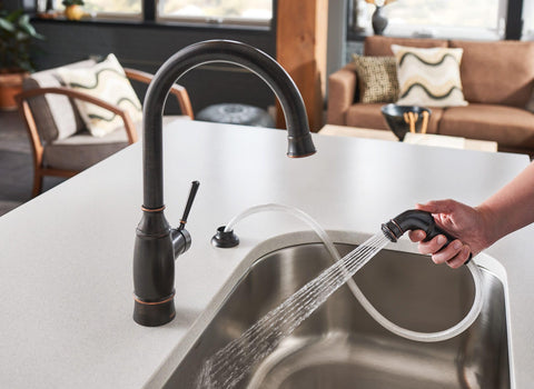 Moen Noell single-handle control provides precise temperature with one hand.