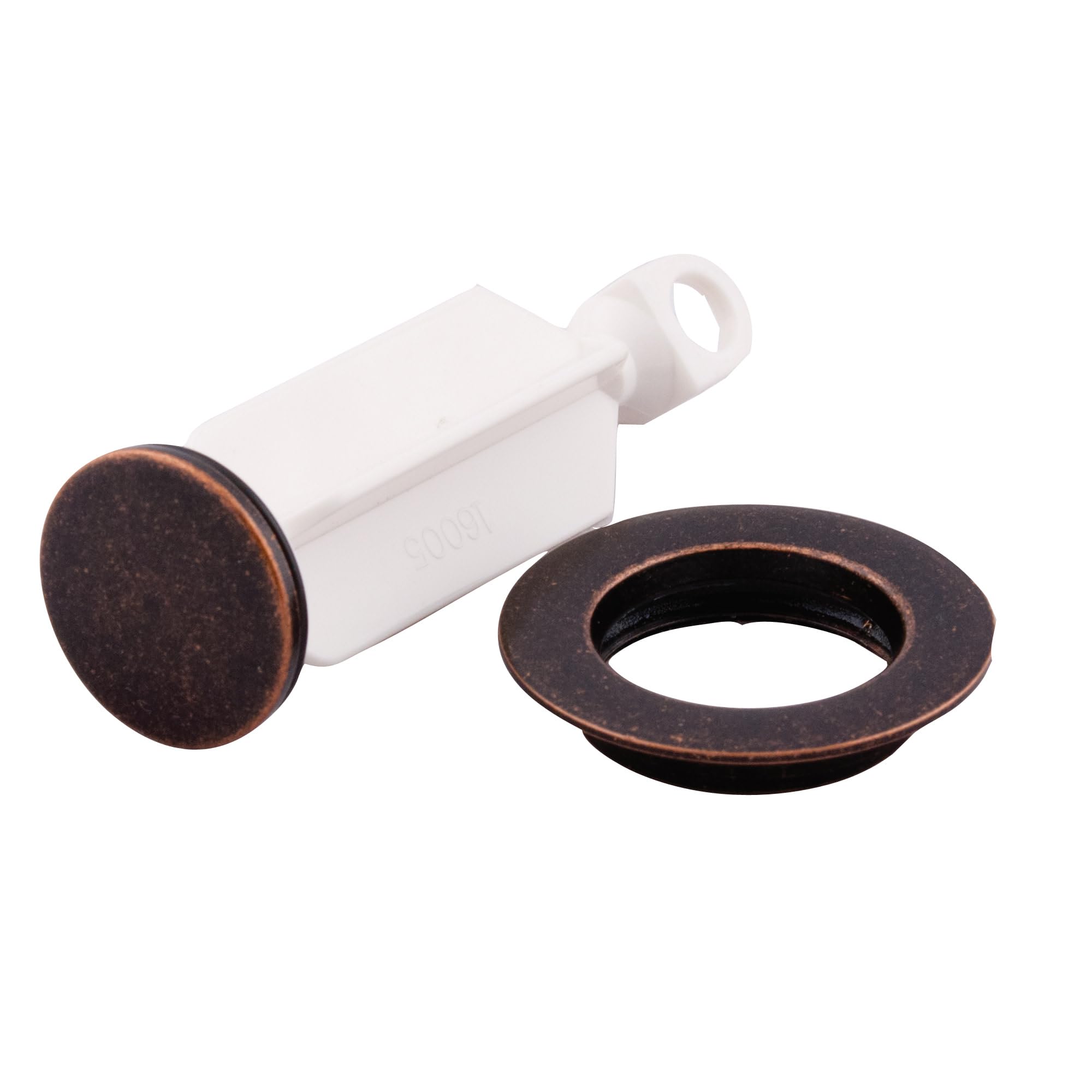 Moen oil rubbed bronze drain plug on a modern bathroom sink