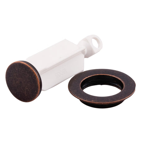 Moen oil rubbed bronze drain plug on a modern bathroom sink