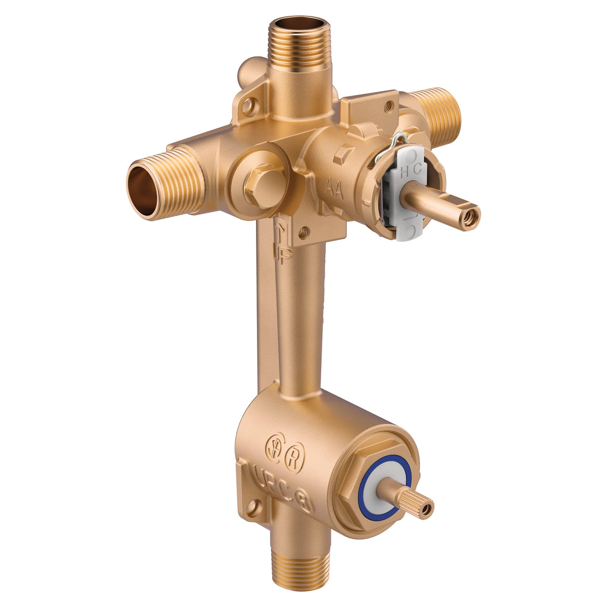 Moen Posi-Temp transfer valve with a three-function diverter for independent or simultaneous shower outlets.