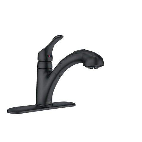Moen Renzo matte black faucet front view for a stylish, contemporary kitchen look.