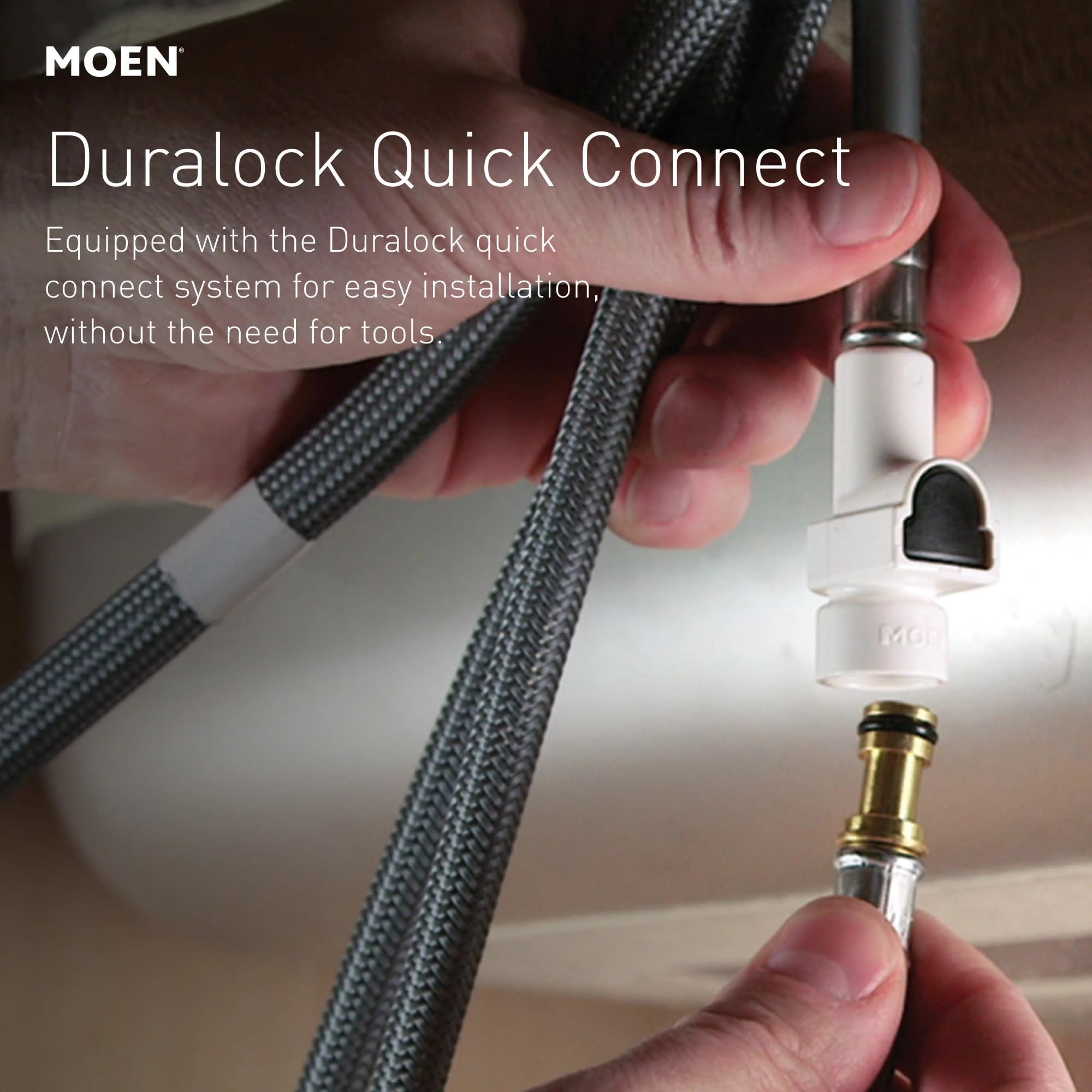 Moen Renzo matte black hose retracts easily for neat operation.