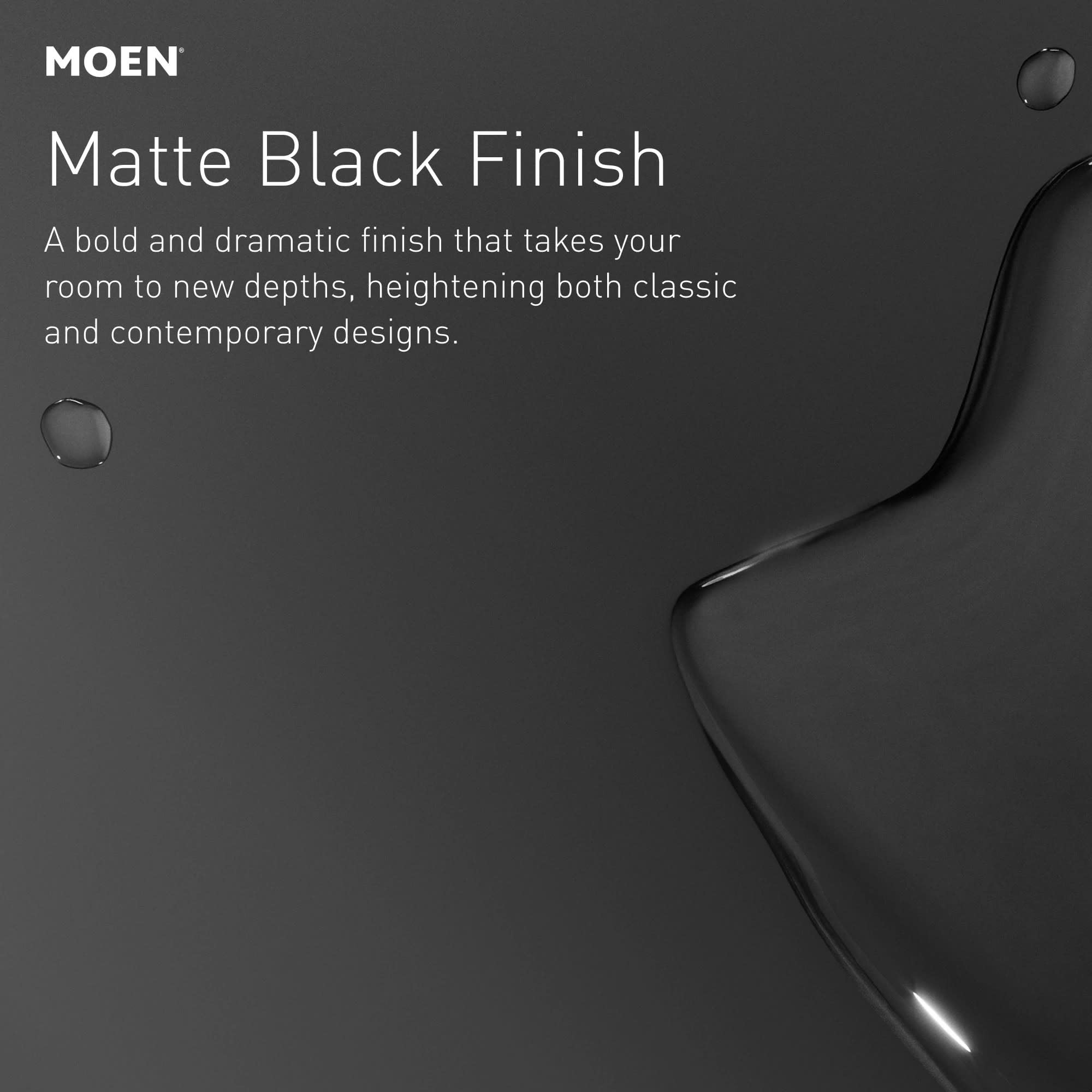 Moen Renzo matte black single-handle control simplifies temperature and flow.