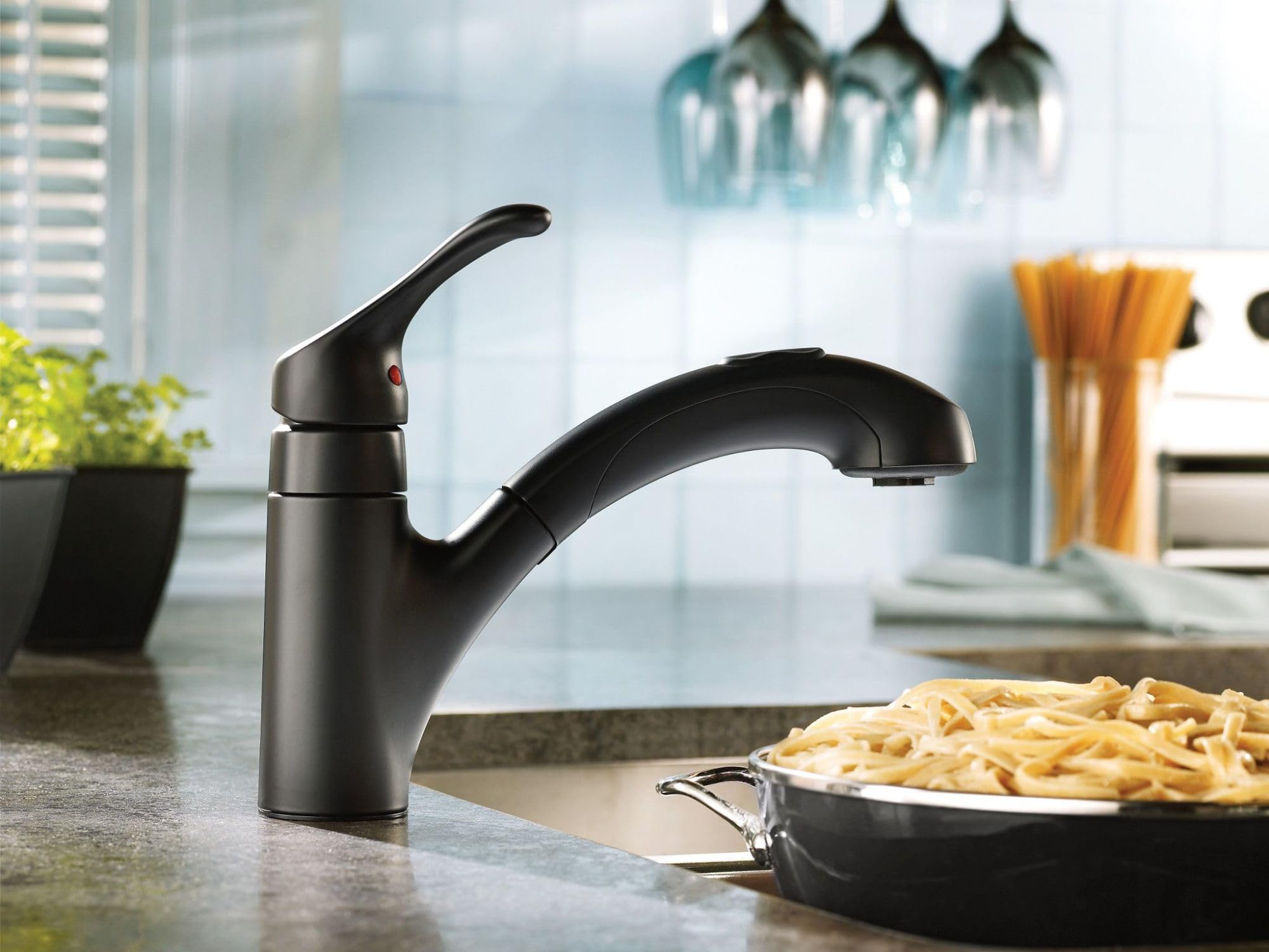 Moen Renzo Power Clean delivers up to 50% more spray power.