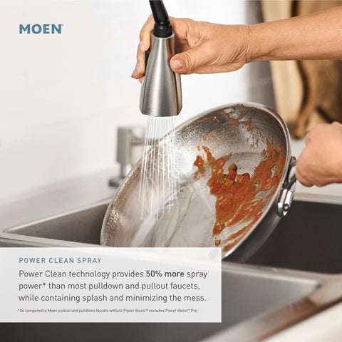 Moen Renzo matte black pull-out sprayer action enabling flexible reach.