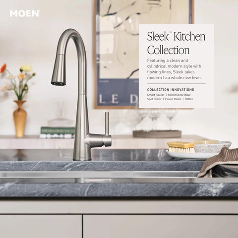 Moen Sleek Power Boost button delivers rapid spray for cleanup.
