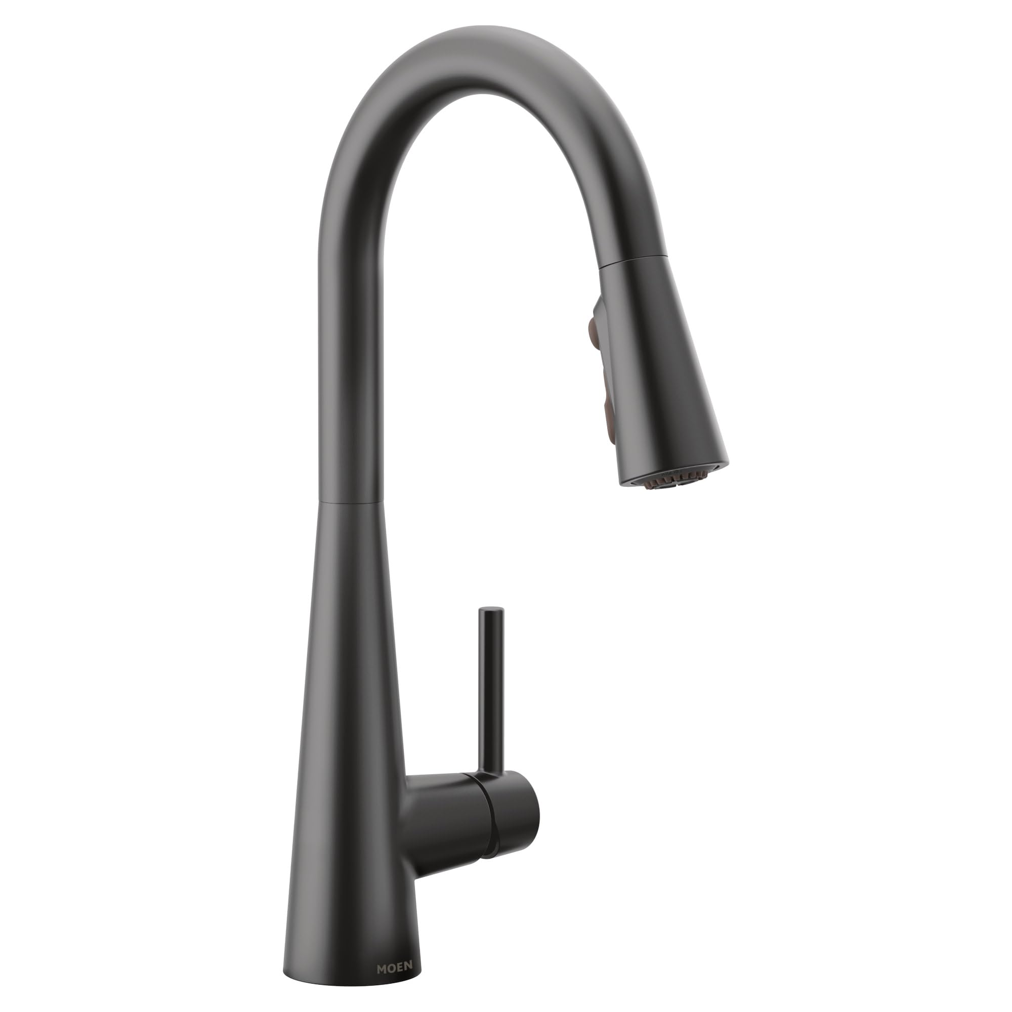 Moen Sleek matte black pulldown spout for ample workspace and style.