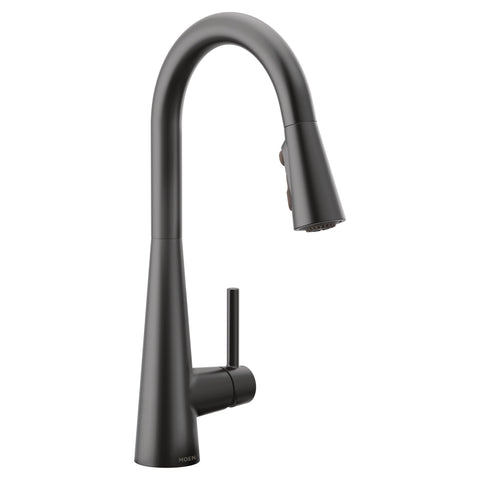 Moen Sleek matte black pulldown spout for ample workspace and style.