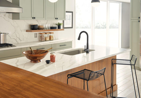 Moen Sleek matte black spray head with powerful boost for tough messes.