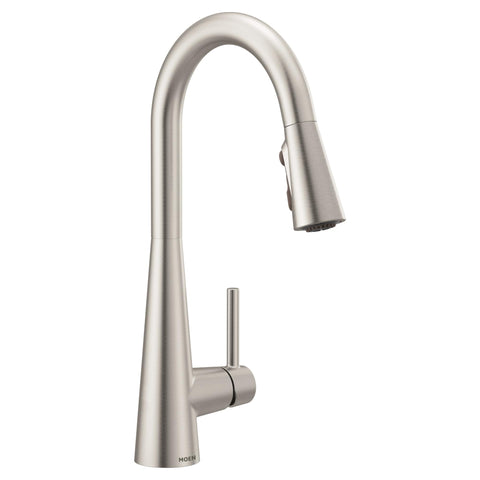 Moen Sleek spot-resist stainless finish reduces fingerprints on the faucet.