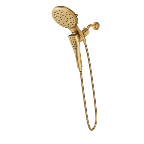 Moen Verso brushed gold rain shower head delivering broad coverage.