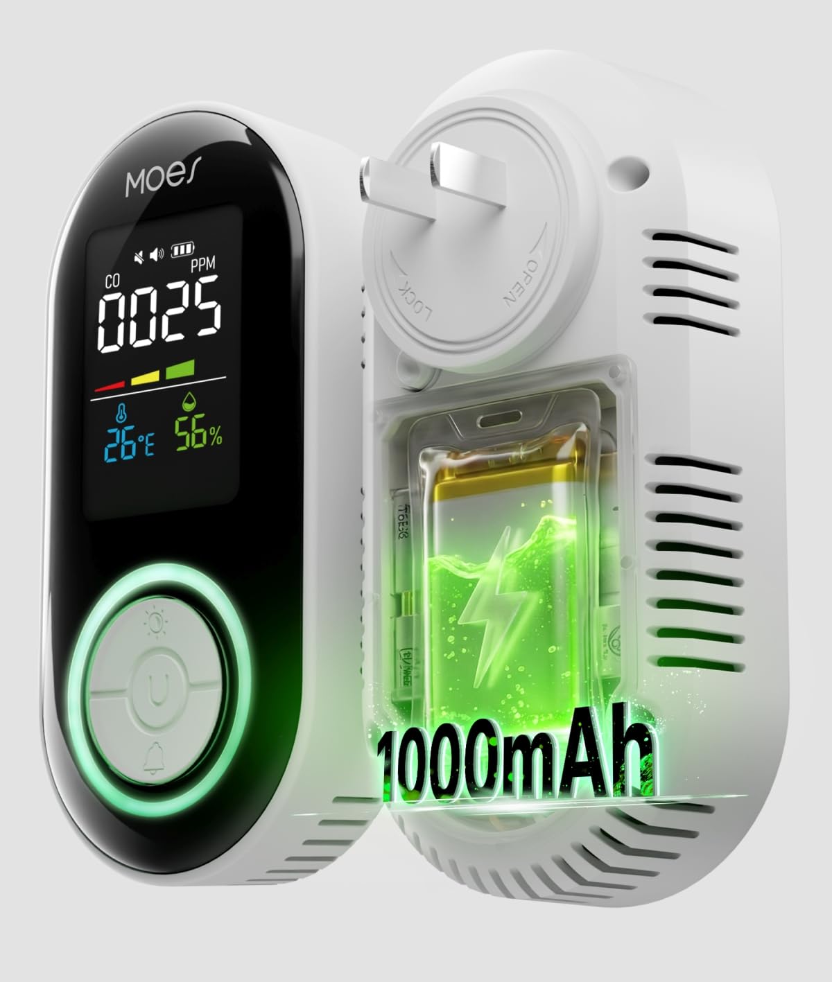 MOES CO detector plugged into outlet for continuous monitoring