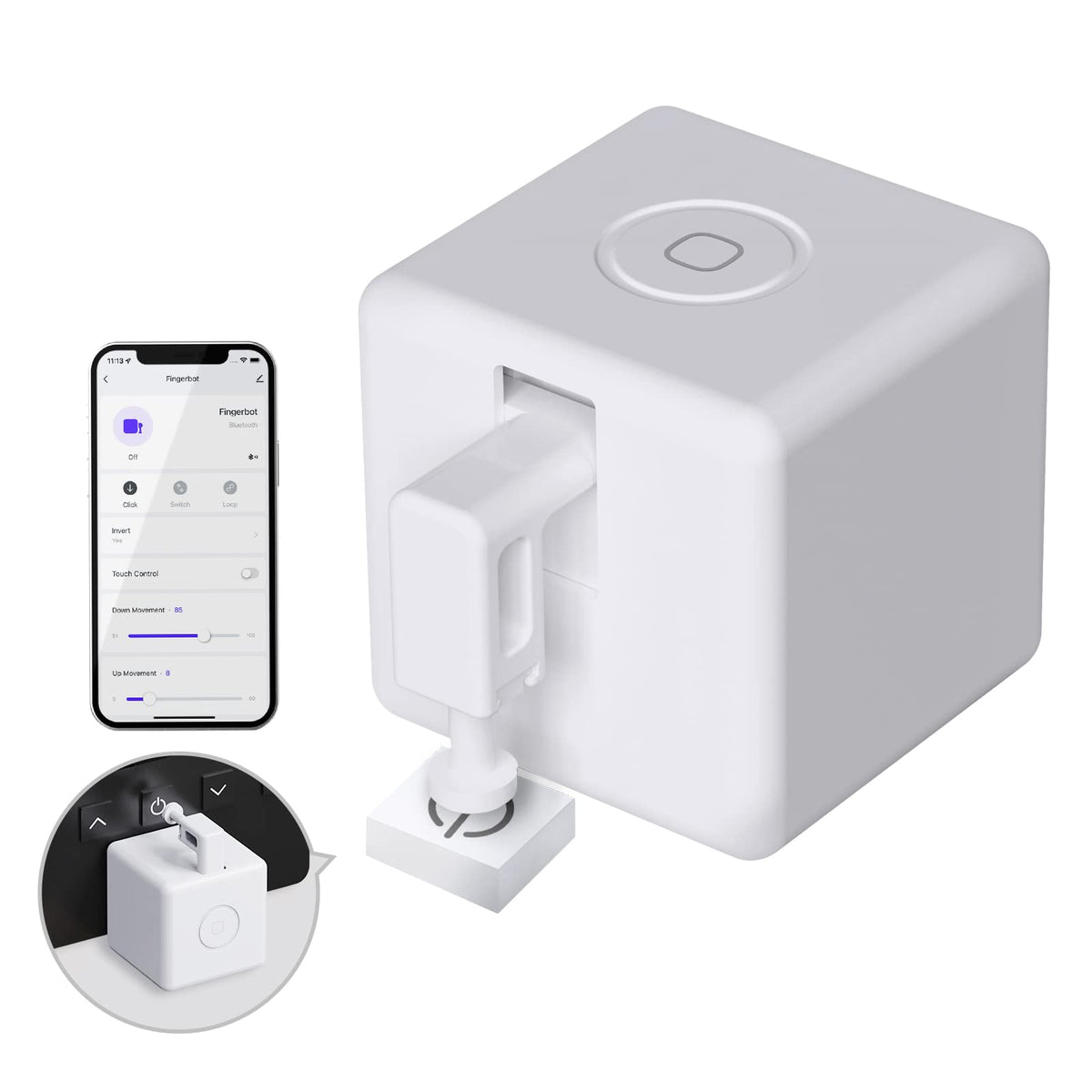 MOES Fingerbot Plus front view showing compact button pusher for retrofitting switches