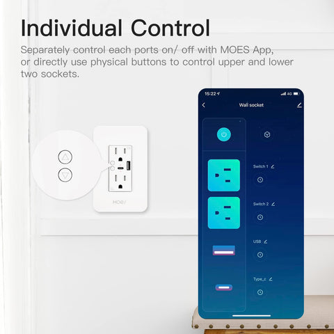 MOES in-wall outlet showing independent app control for each outlet.
