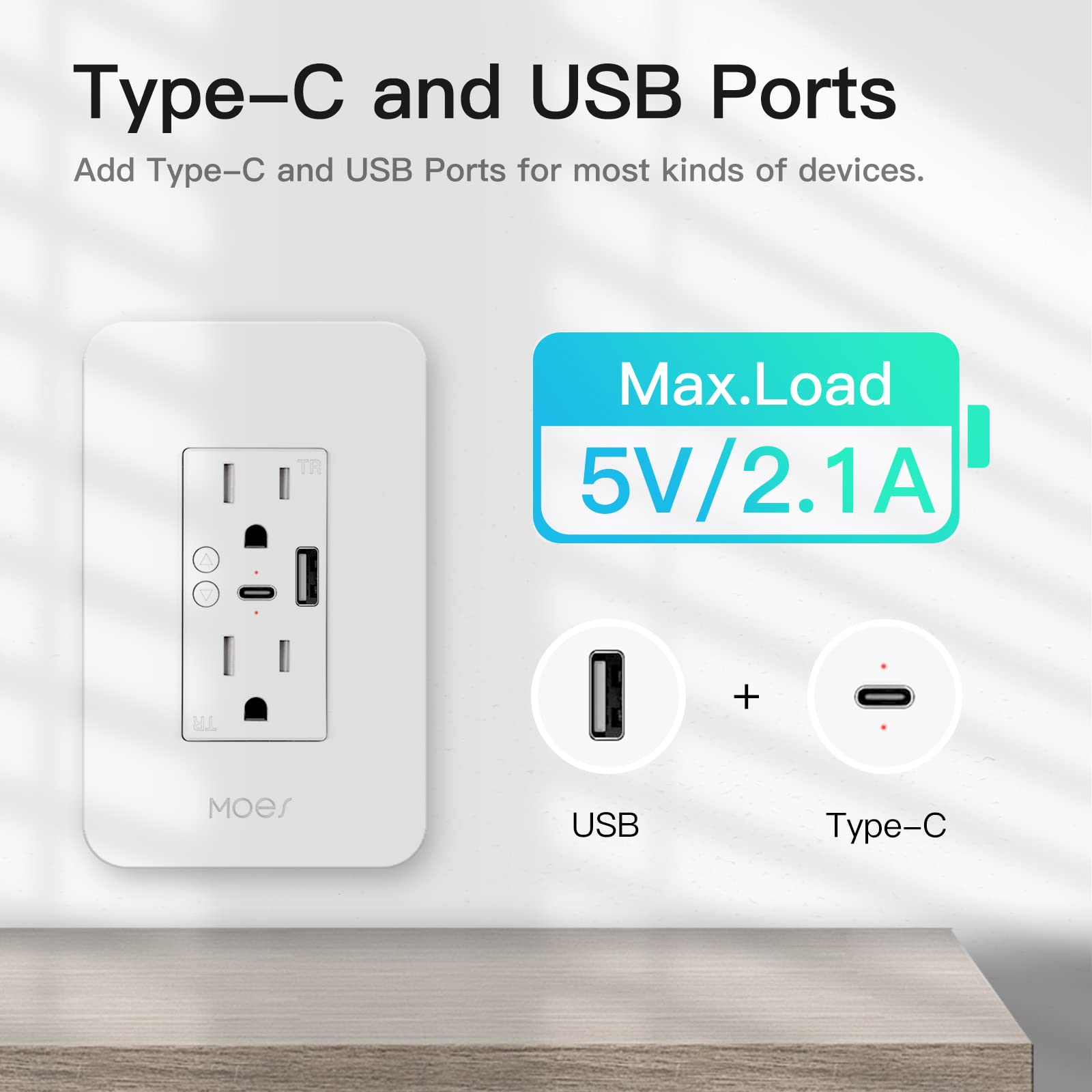 MOES in-wall outlet with USB‑A port for everyday devices.
