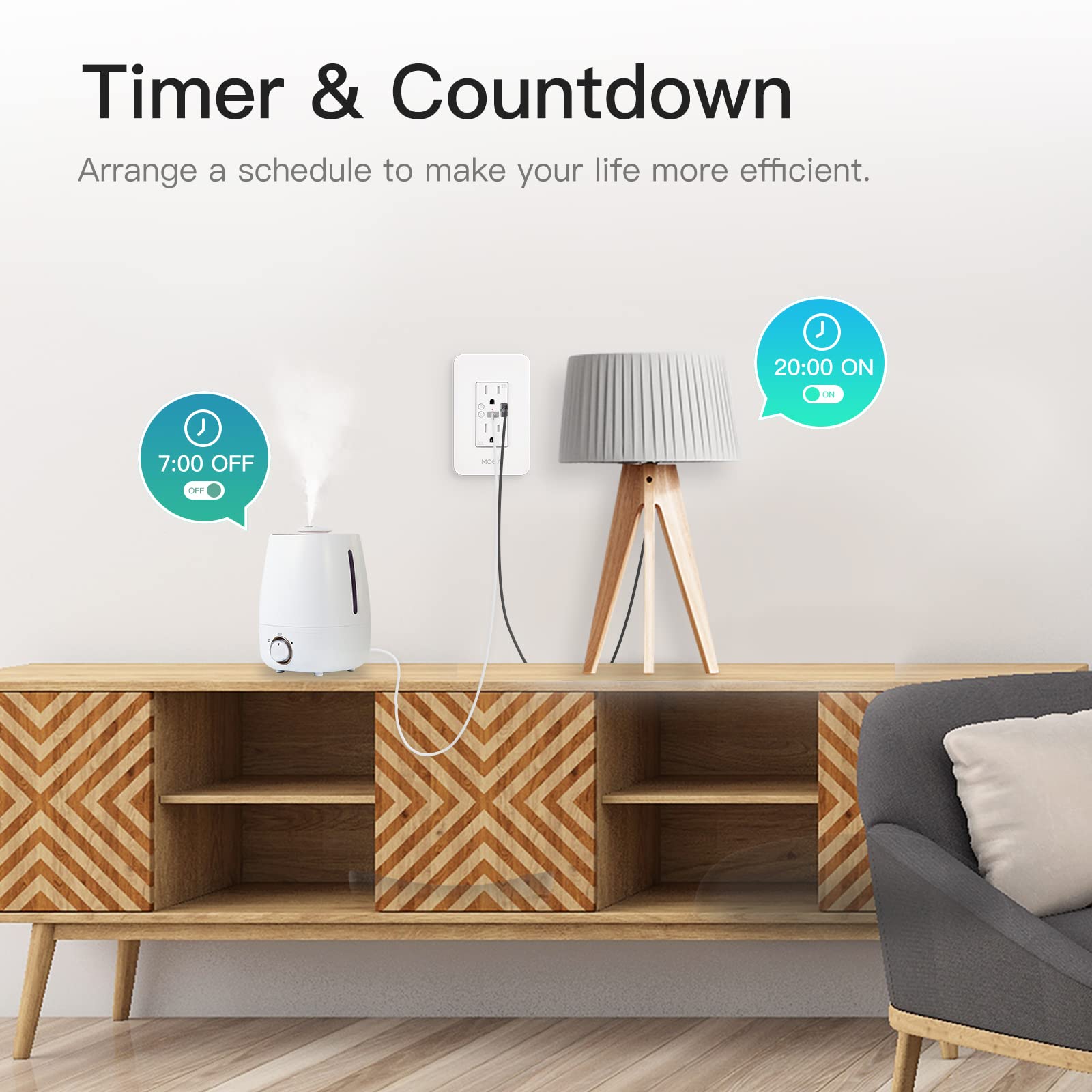 MOES in-wall outlet compatible with Alexa and Google Assistant.