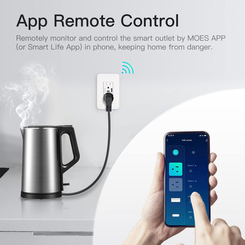 MOES in-wall outlet connects via 2.4 GHz Wi‑Fi, no hub needed.