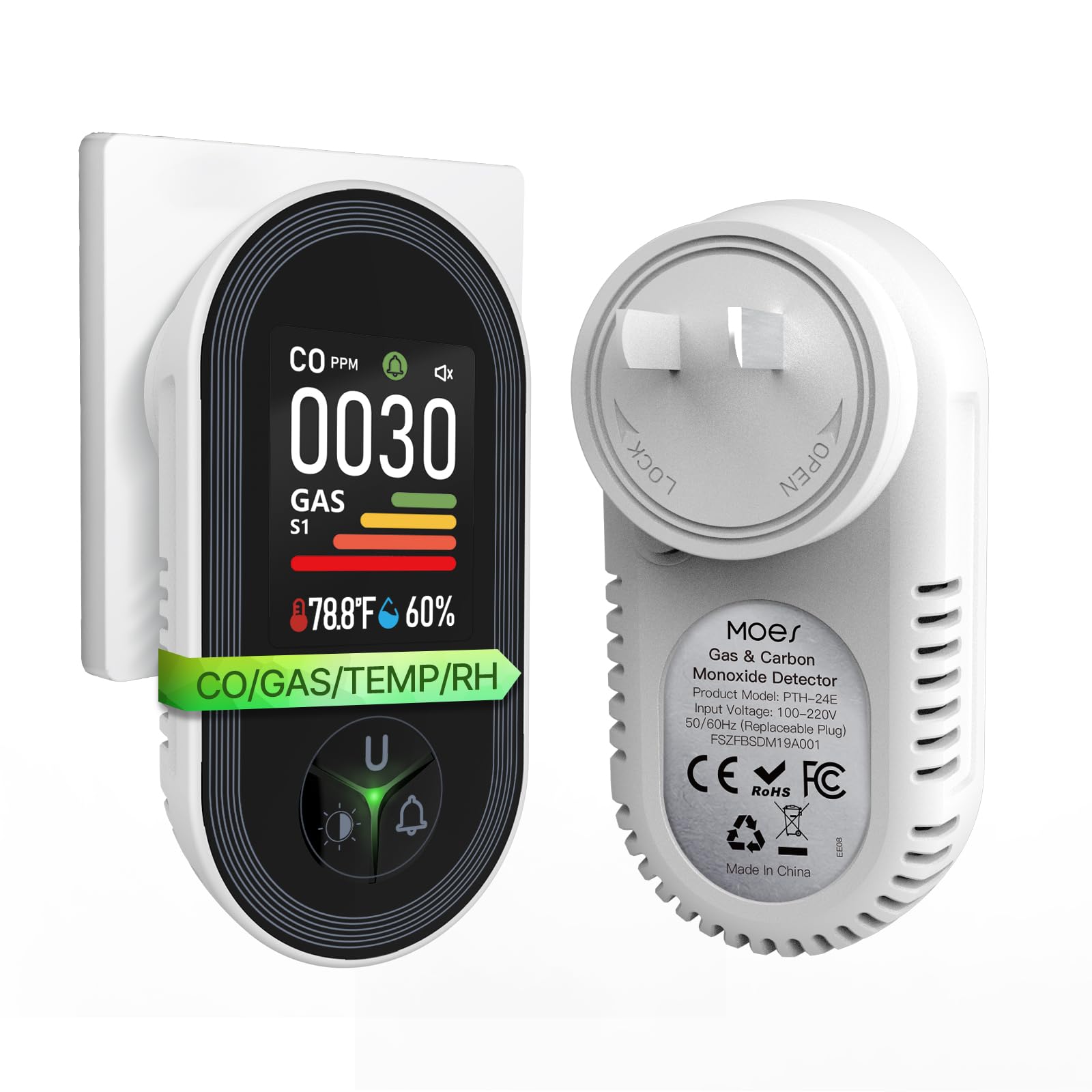 MOES plug-in CO and gas detector with outlet, delivers immediate safety alerts.
