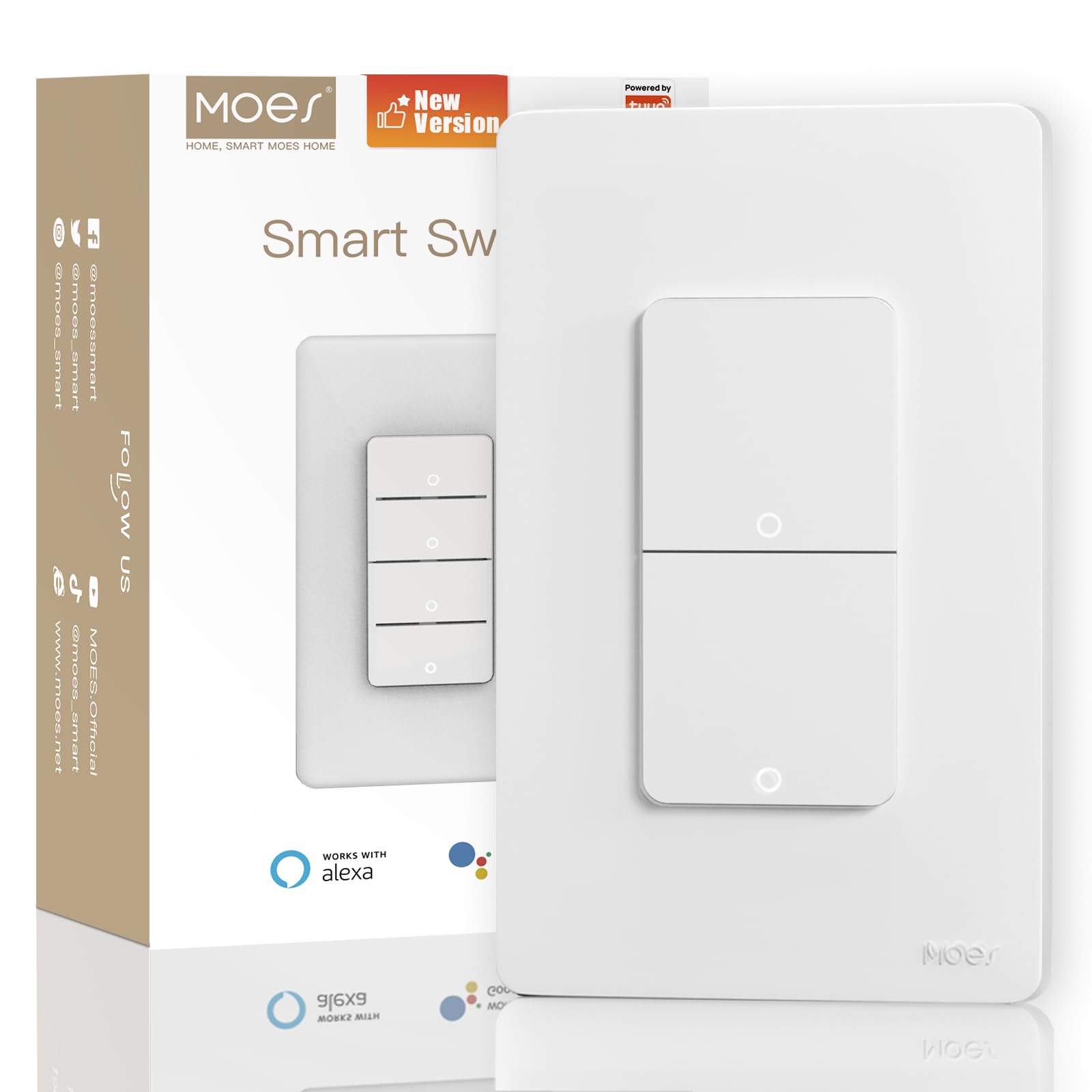 MOES Smart Double Switch 2nd Gen front view showing compact space-saving design.
