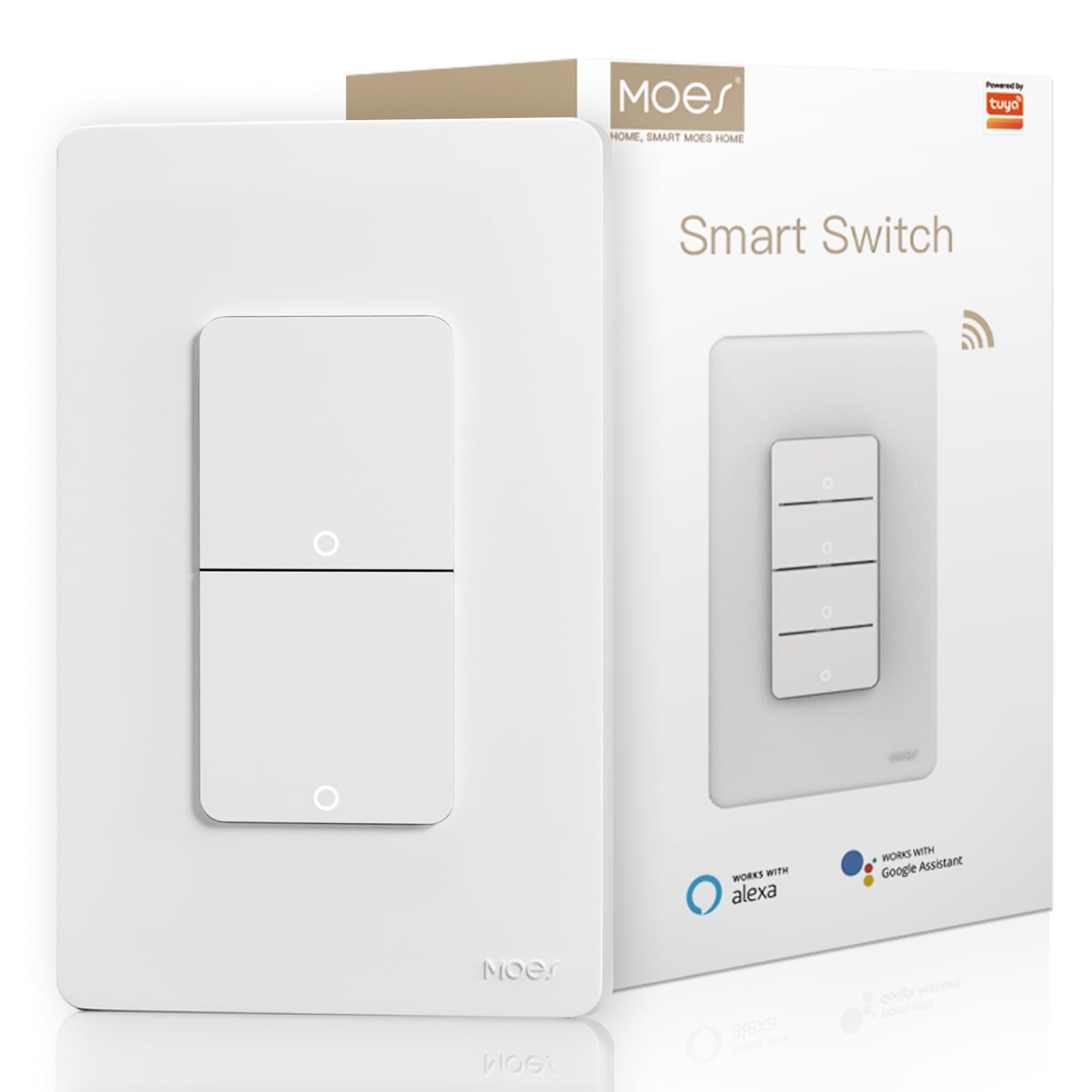 MOES smart double switch front view for convenient room lighting control.