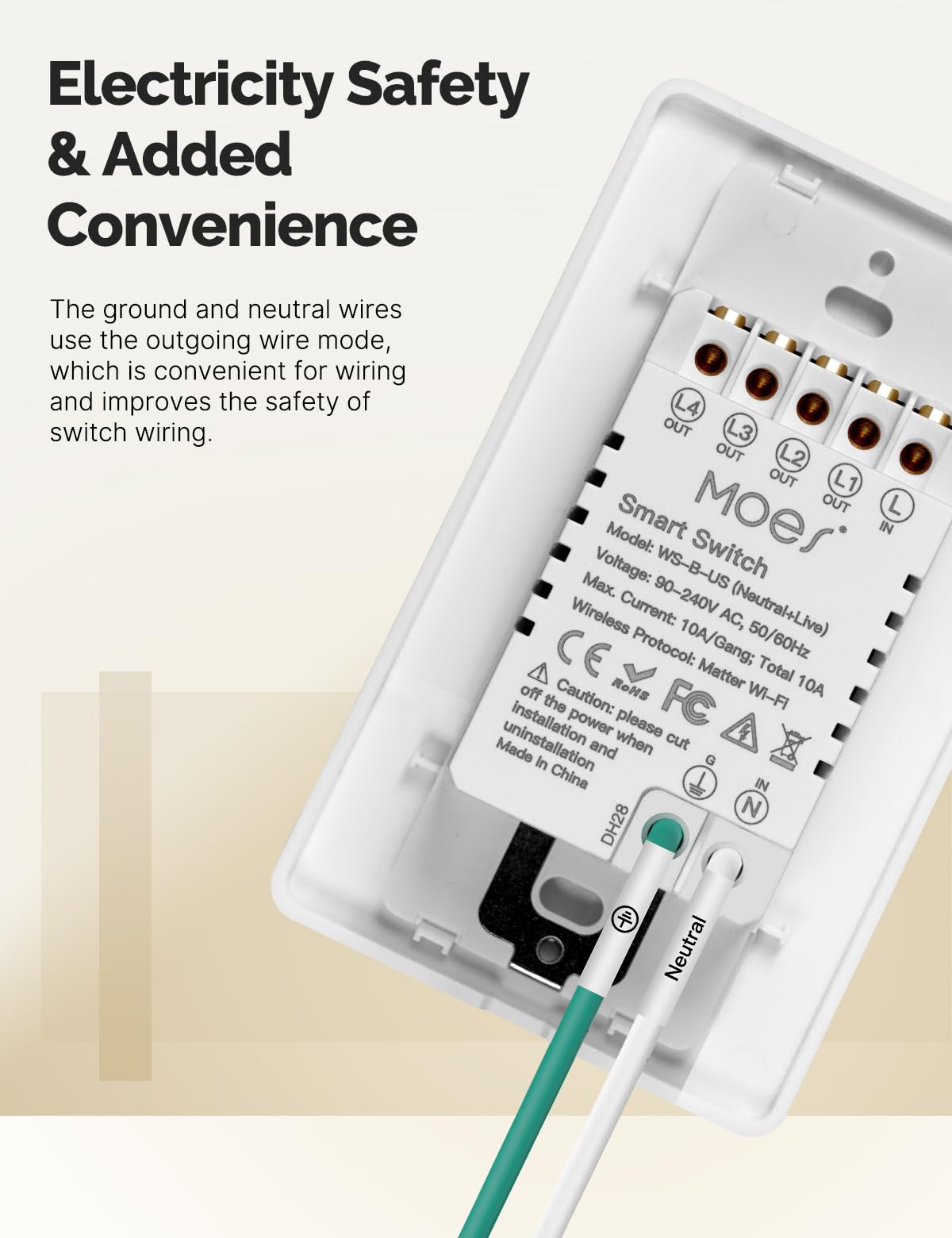 MOES neutral-wire connection detail supports easier installation and steady power supply.