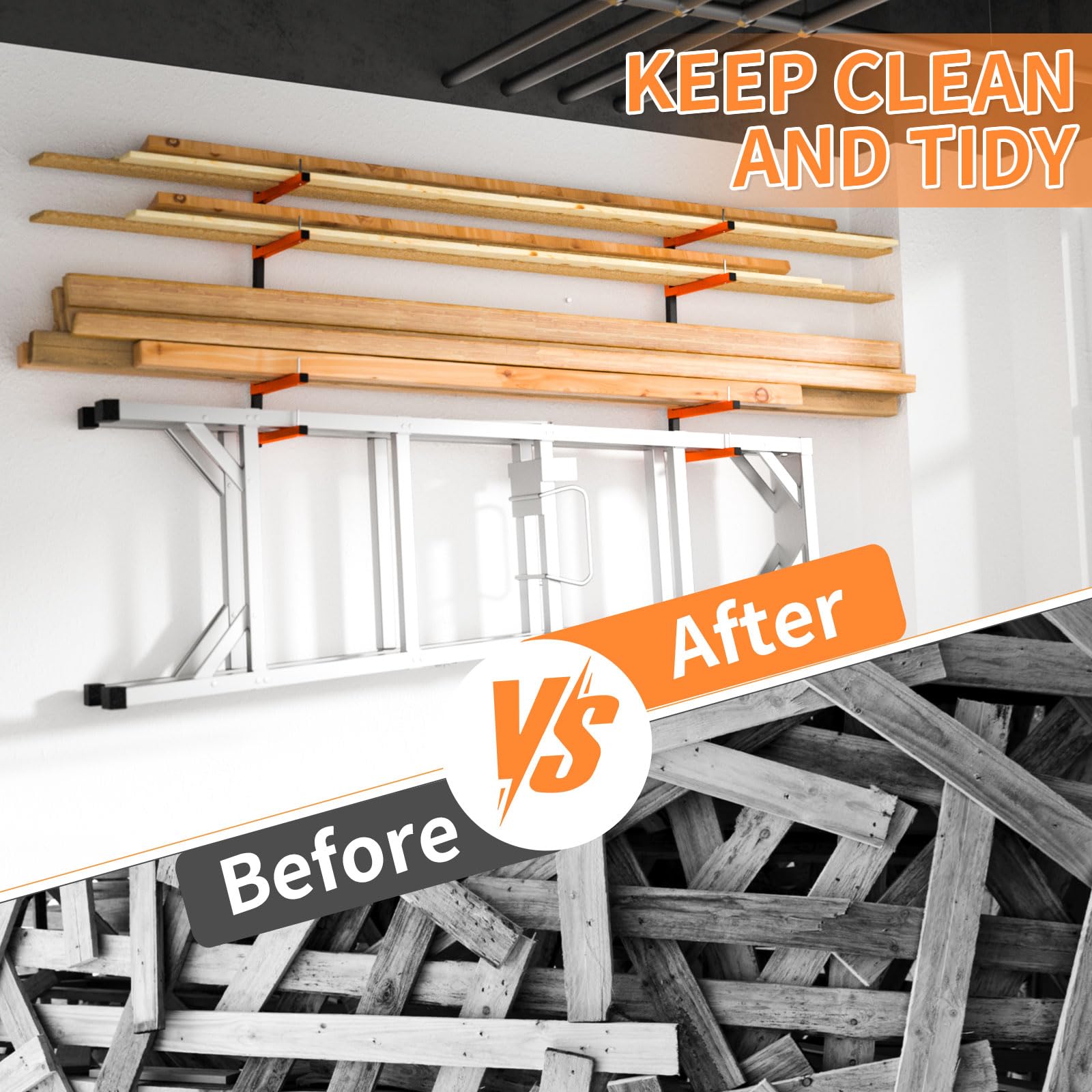 Mogbhw garage storage solution keeps tools and lumber within reach.