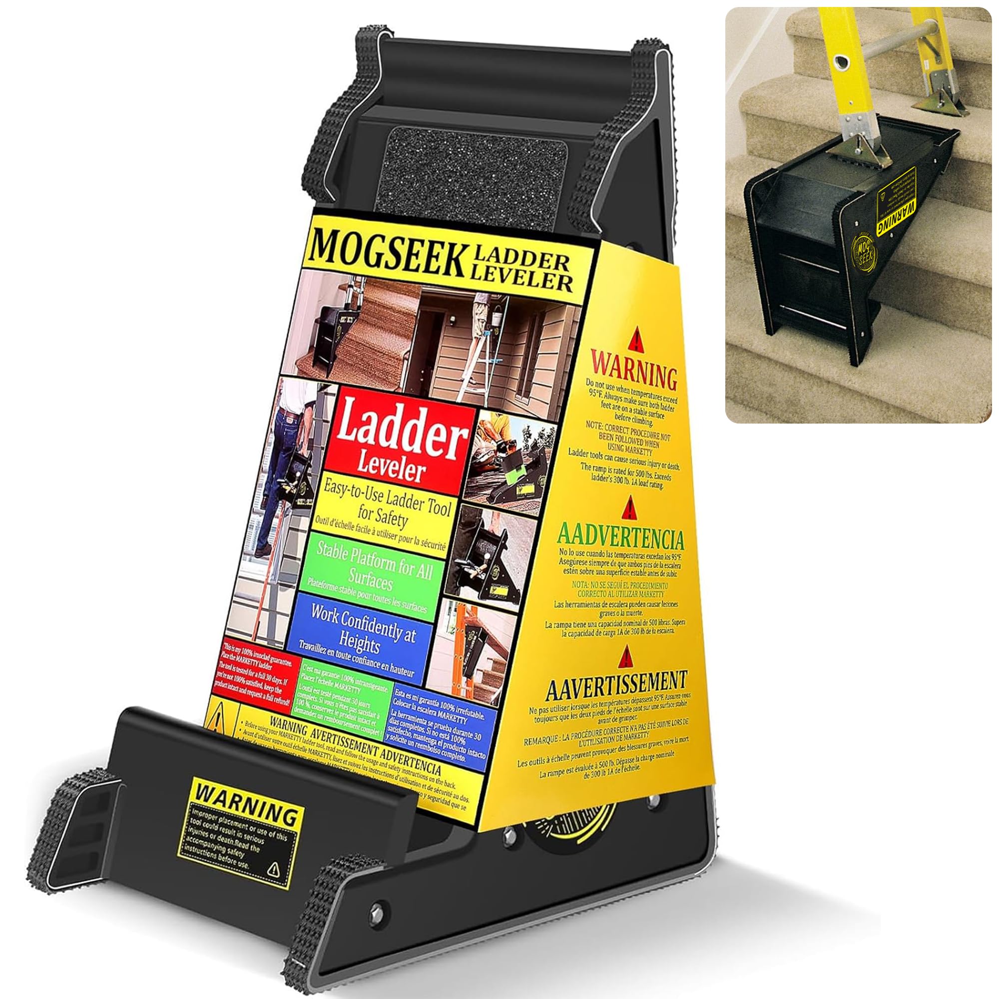 Mogseek stable platform ladder leveler on stairs provides secure footing on uneven surfaces.