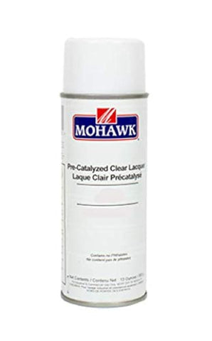 Mohawk pre-catalyzed clear finish satin aerosol can with smooth atomization and durable satin sheen.