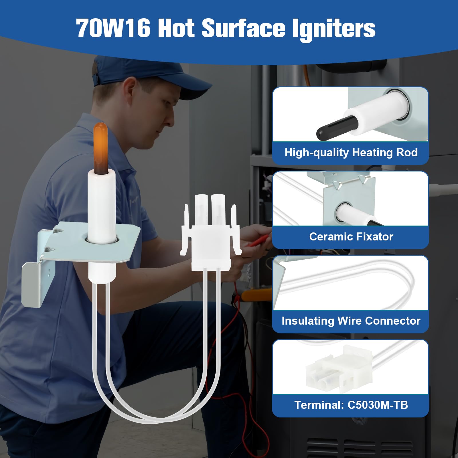 MOHTOL 70W16 igniter dimensions illustrate compact 2.5 x 1.5 x 1.5 in housing.