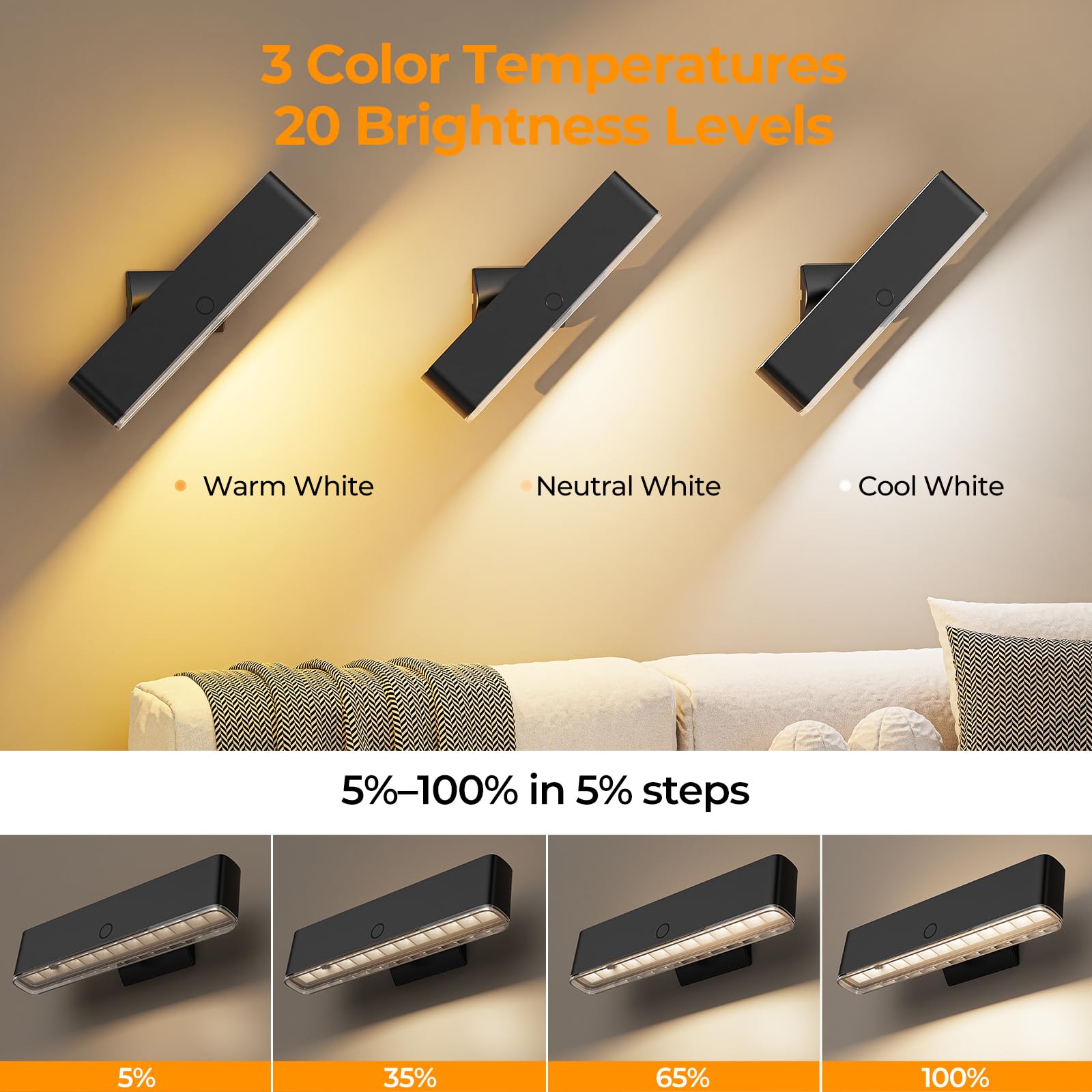 MOITA rechargeable battery powers wireless illumination with long run time.