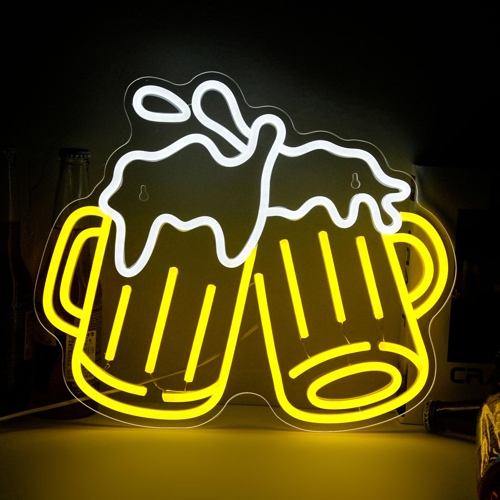 Mojoish beer neon sign wall decor enhances bars and man caves.