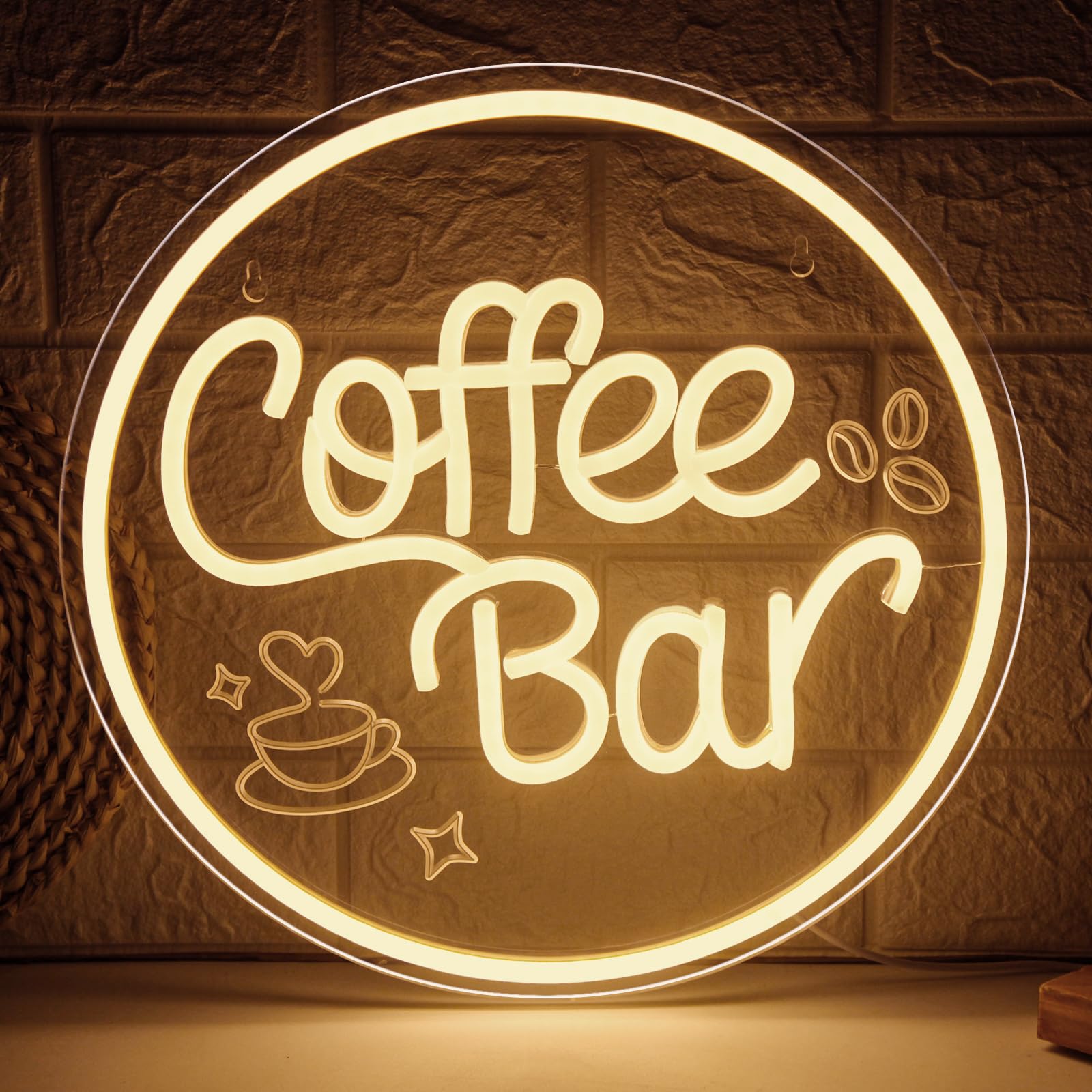 Mojoish Coffee Bar neon sign on wall provides warm inviting ambiance
